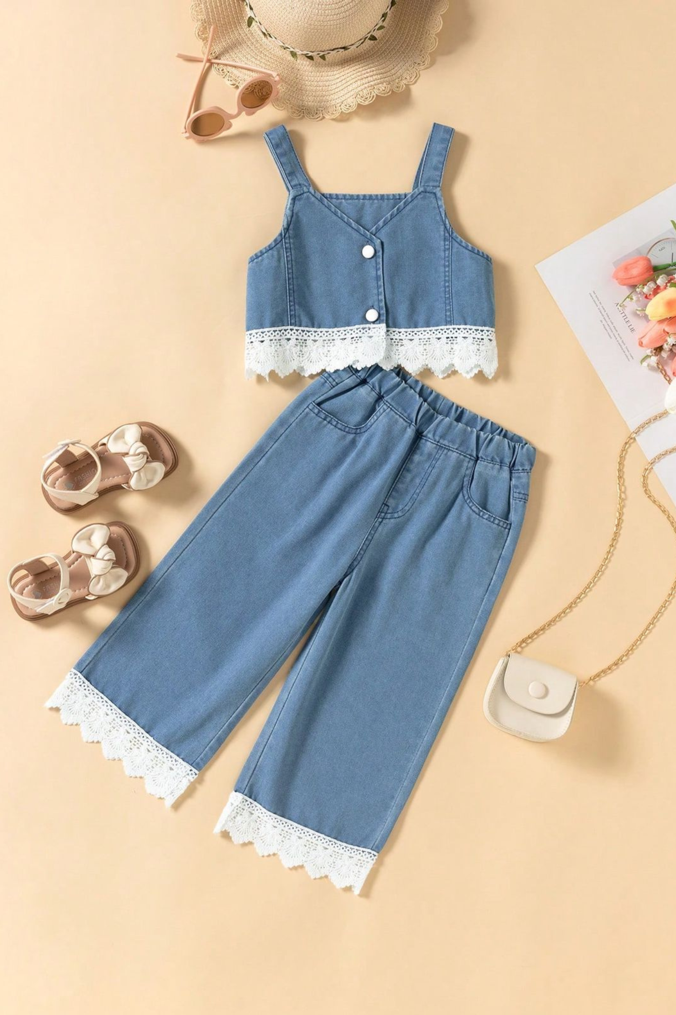 Baby Girl Denim 2-Piece Outfit Set – Lace Trim Top & Wide-Leg Pants