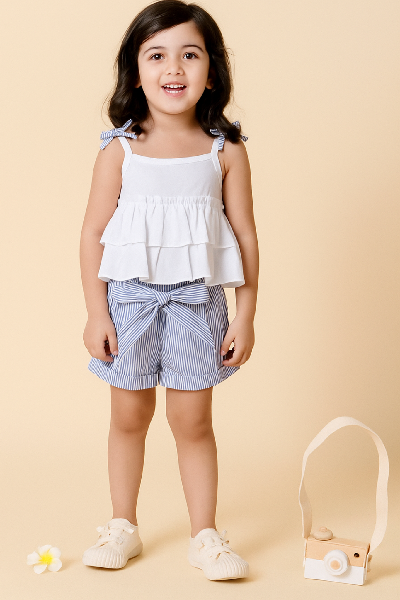 Girls Summer Outfit | Baby Girl 2 Piece Dress – White Ruffle Top & Striped Bow Shorts | Stylish Baby Girl Clothes