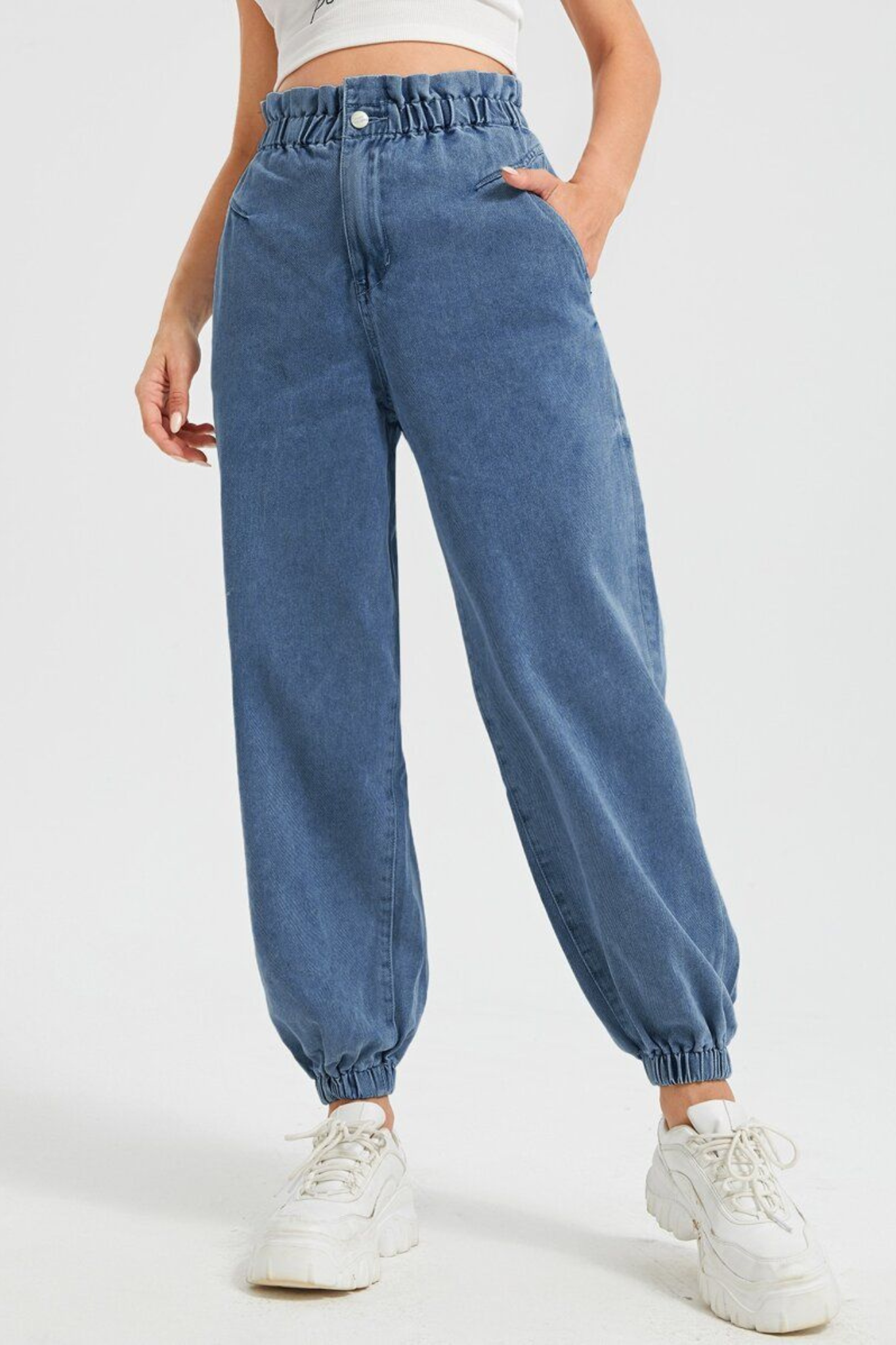 Women’s High Waist Paperbag Denim Jogger Pants – Relaxed Fit Casual Jeans