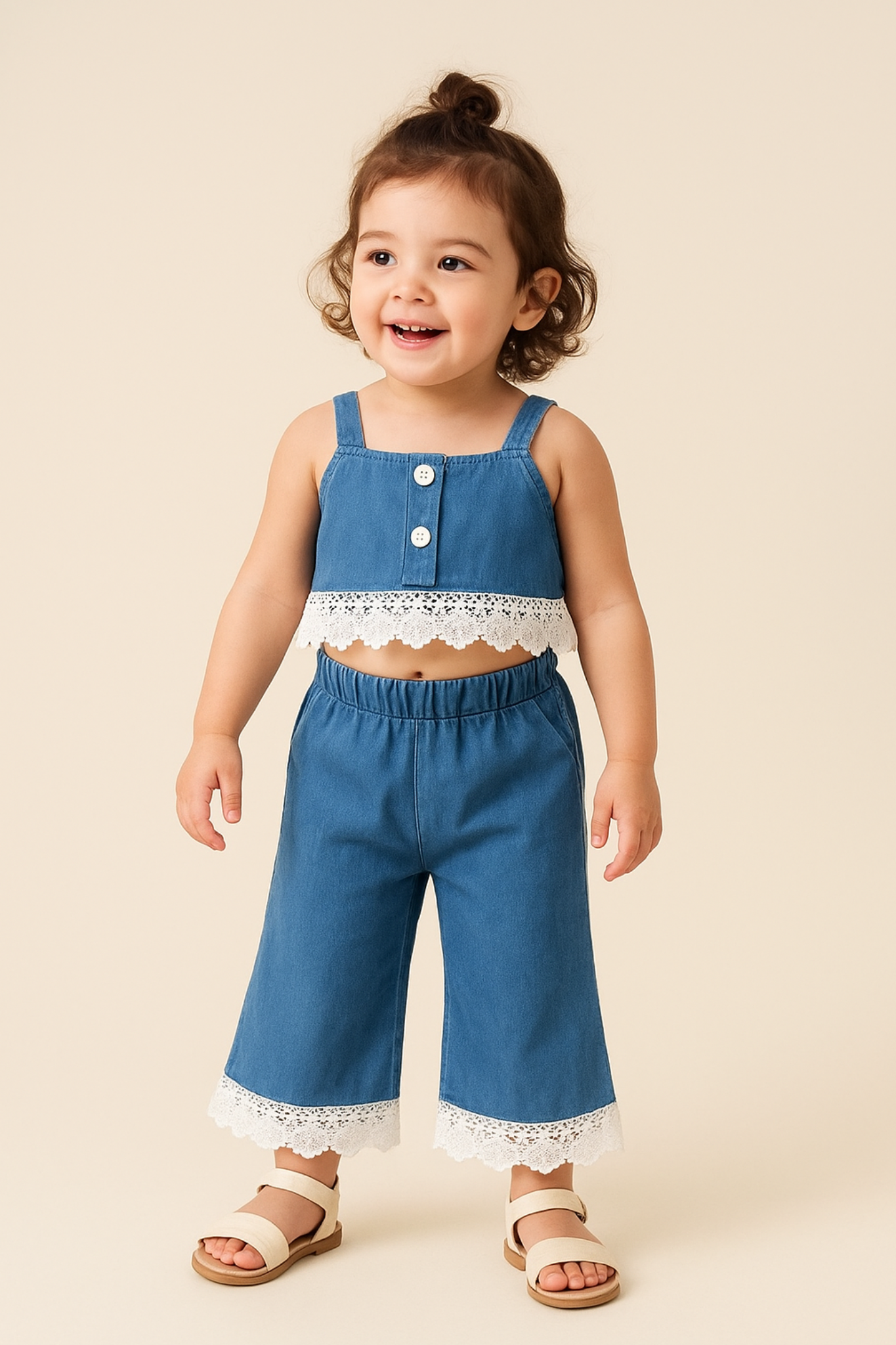Baby Girl Denim 2-Piece Outfit Set – Lace Trim Top & Wide-Leg Pants