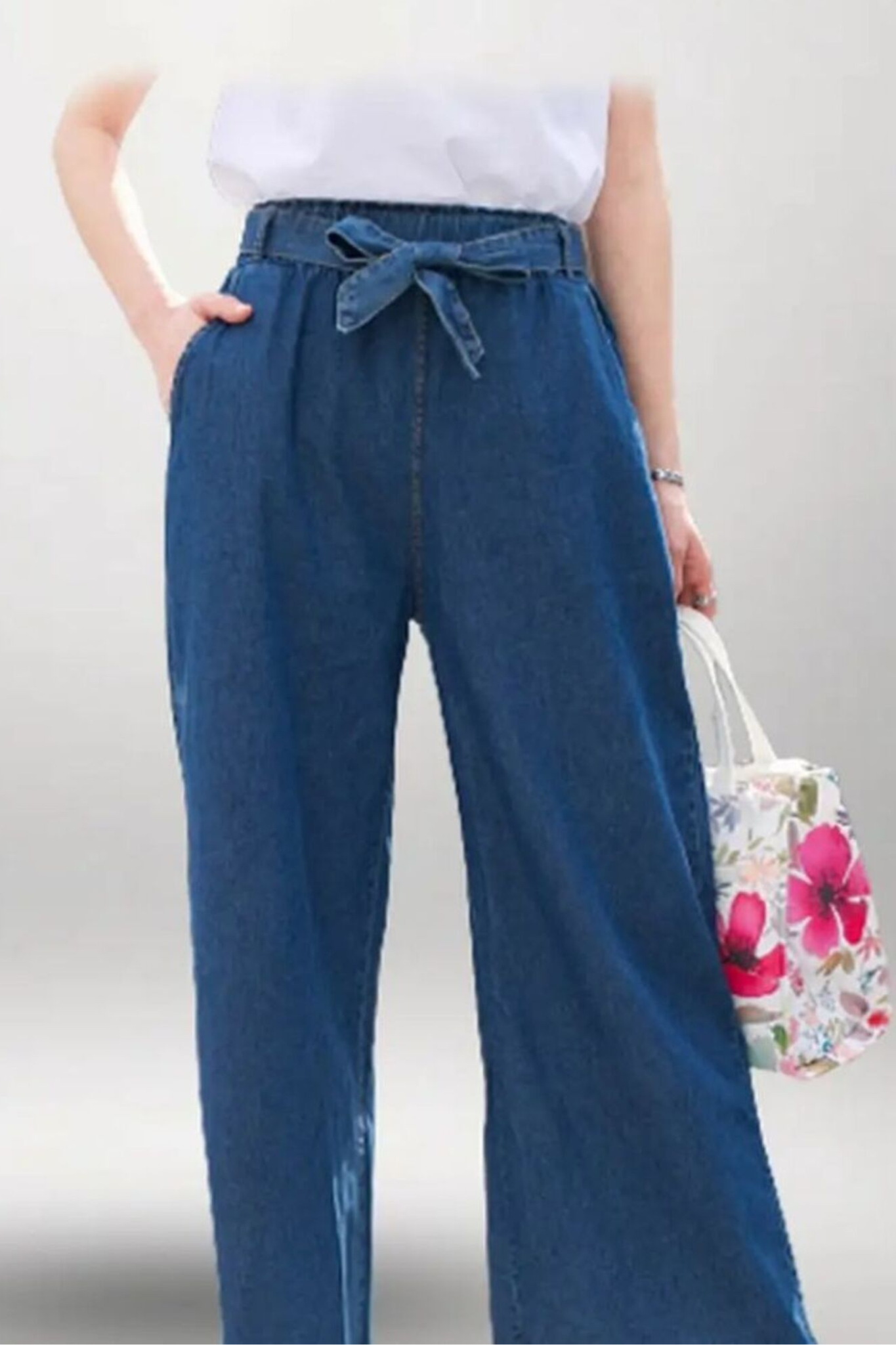 Women’s Denim Bow Trousers – Stylish Full-Length Trouser with Elastic Waist