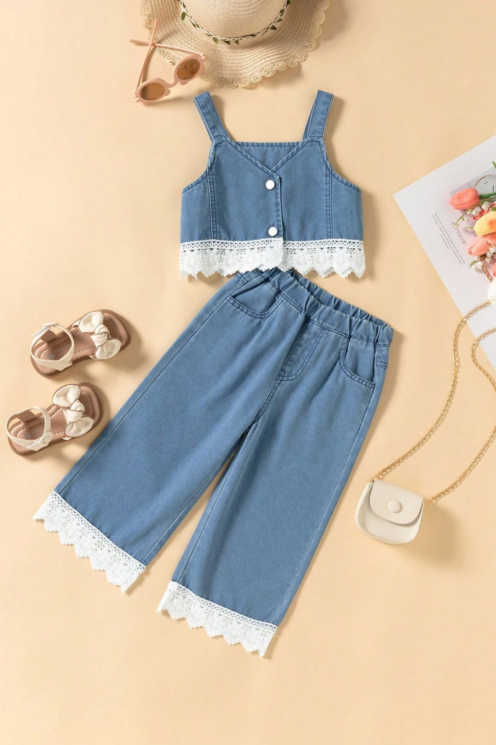 Baby Girl Denim 2-Piece Outfit Set – Lace Trim Top & Wide-Leg Pants