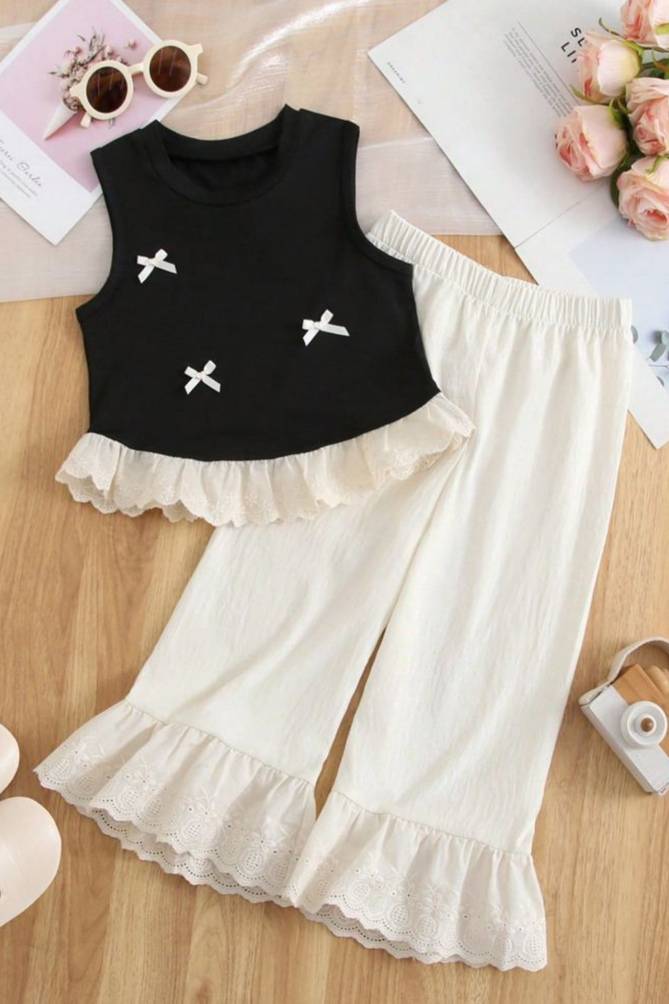 Girls Stylish Black & White Summer Outfit – Sleeveless Top with Lace Trim & Wide Leg Pants (2–8 Years)