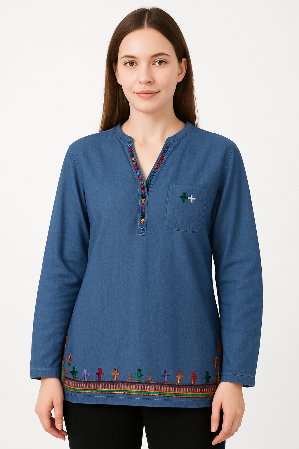 Designer Embroidered Denim Shirt – Modern Look for Girls