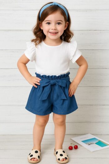 Baby Girl Dress, Pure Cotton fabric Stylish White Shirt with Denim Shorts