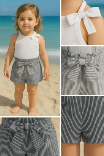 Baby Girl Dress, Pure Cotton fabric Stylish White Shirt with Black and White Lining Shorts